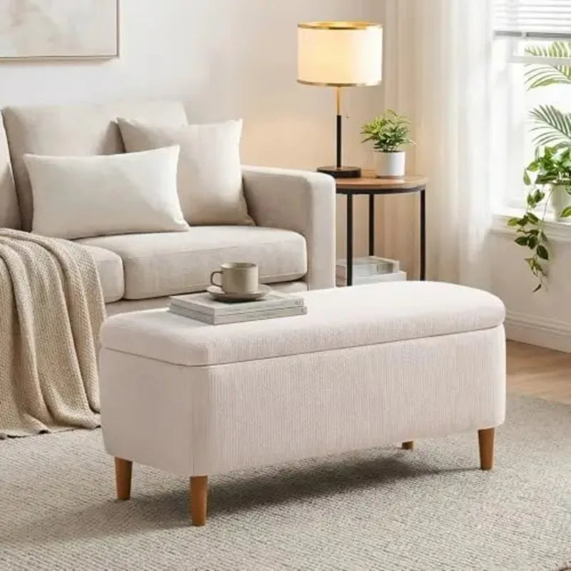 39.4-Inch Upholstered Storage Bench with Wooden Legs - Modern Fabric Ottoman for Living Room or Bedroom