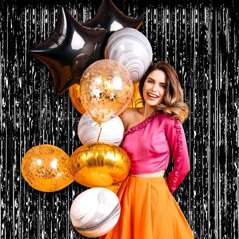 Black Tassel Background Decoration Set for Events and Parties - Metallic Foil Tassel Curtain