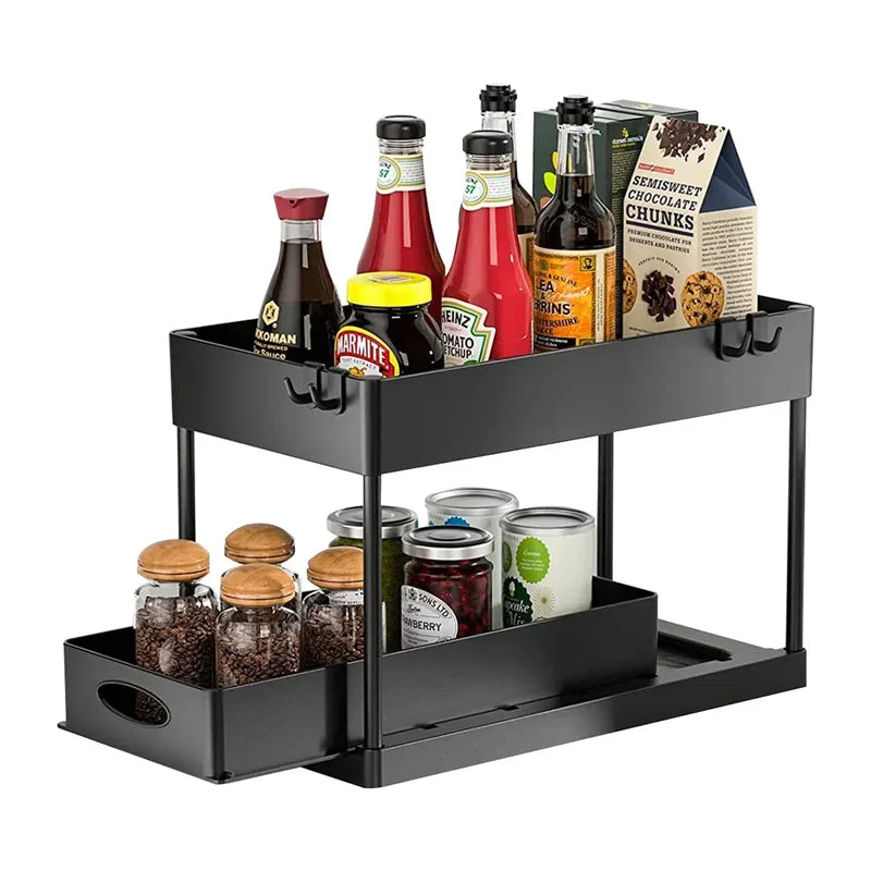 2-Tier Under Sink Organizer with Sliding Drawers & Hooks, Kitchen Bathroom Storage Rack