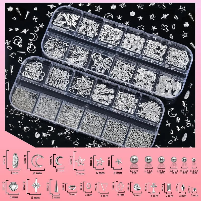 4 Box Nail Rhinestones Set with 3D Cross & Heart Charms for DIY Nail Art - Silver
