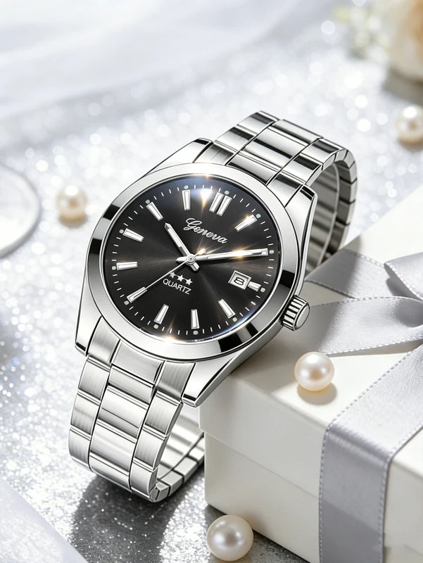Ladies Quartz Watch with Steel Band, Calendar, Minimalist Design - Daily Fashion Accessory