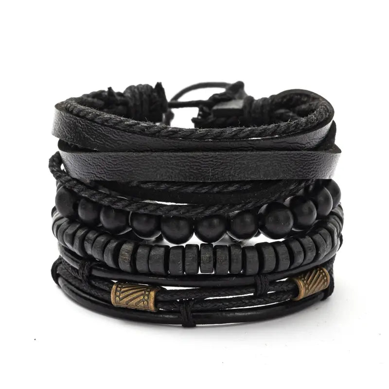 4PCS Multi-Layer Wooden Beads Men's Bracelet Set - Vintage Fashion Accessories
