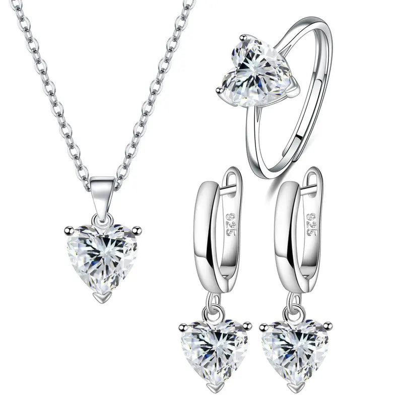 Sterling Silver Jewelry Set for Women Heart Zircon Ring Earrings Necklace Bridal Wedding
