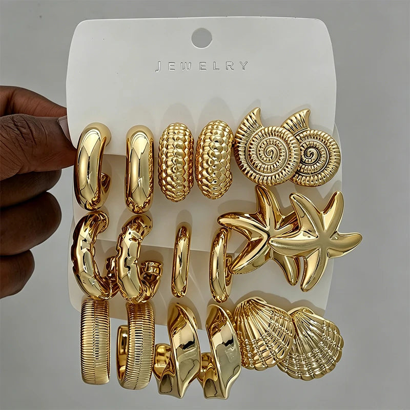 Vintage Gold Plated Ocean Earring Set with Starfish Shell Conch Textured Hoops for Women Summer Beach Jewelry