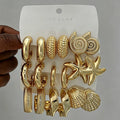 Vintage Gold Plated Ocean Earring Set with Starfish Shell Conch Textured Hoops for Women Summer Beach Jewelry