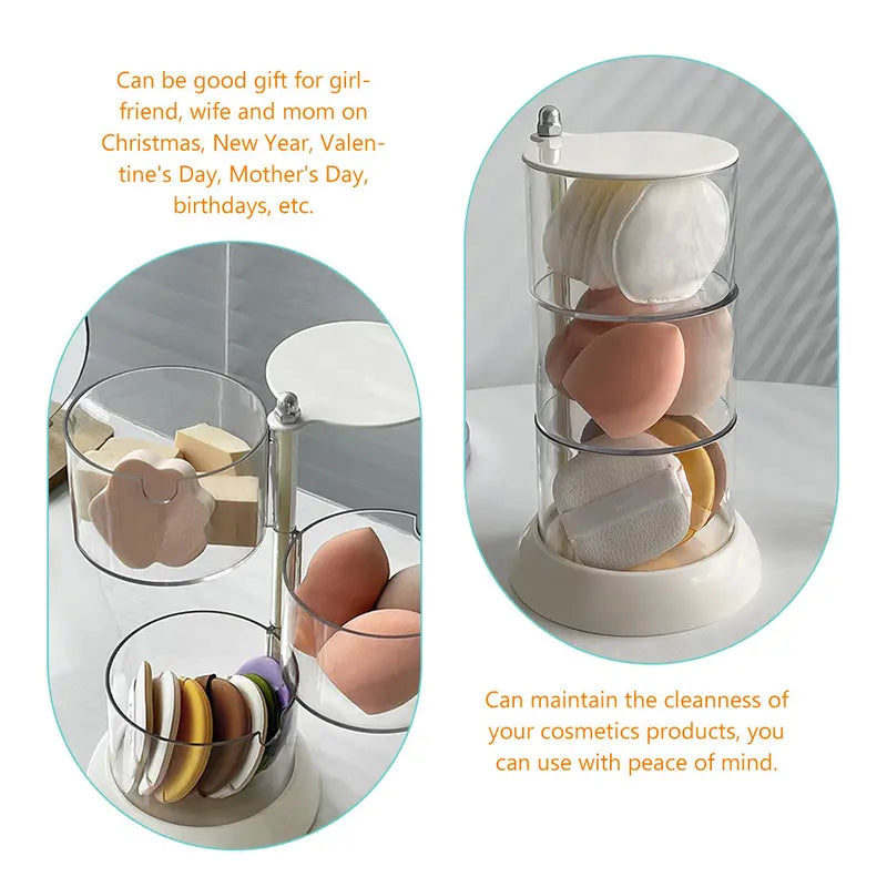 Rotatable 3-Tier Makeup Sponge Storage Box with Compartments - Clear Plastic Organizer for Vanity