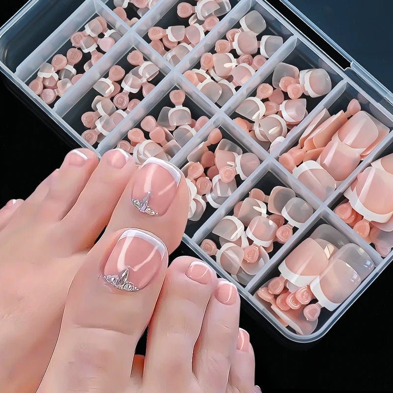 120pcs French Tip Press-On Toe Nails Short Square Glossy False Foot Nails Set