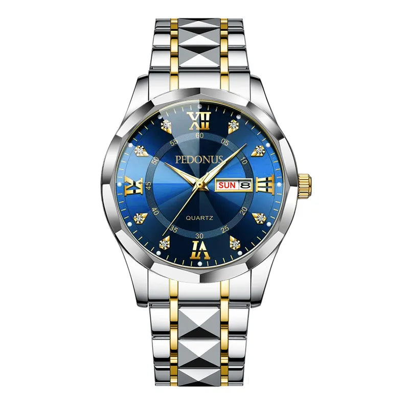 Men's Business Quartz Wristwatch with Steel Band Dual Calendar High Quality