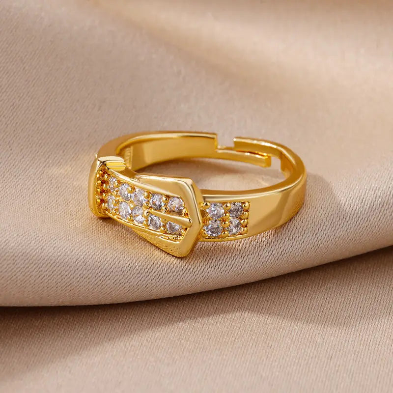 Adjustable Stainless Steel Belt Rings for Women Zircon Geometric Wedding Jewelry