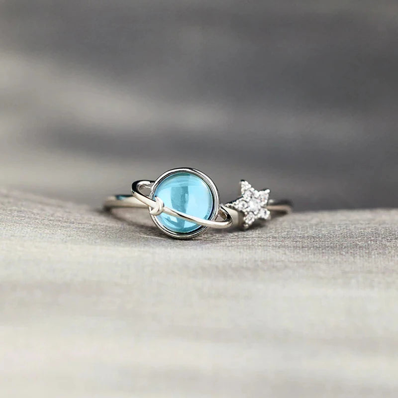 Blue Planet and Silver Star Ring for Women - Unique Open Design Jewelry Gift