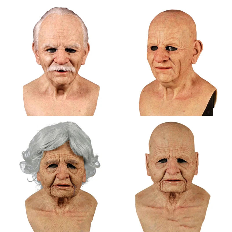 Halloween Elderly Man & Woman Full Head Mask Wrinkle Face Cosplay Prop