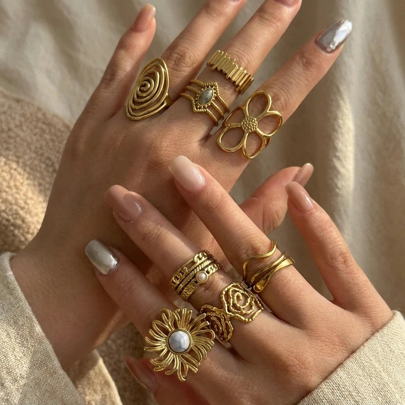 Vintage Geometric Stainless Steel Rings Set for Women Irregular Natural Stone Jewelry