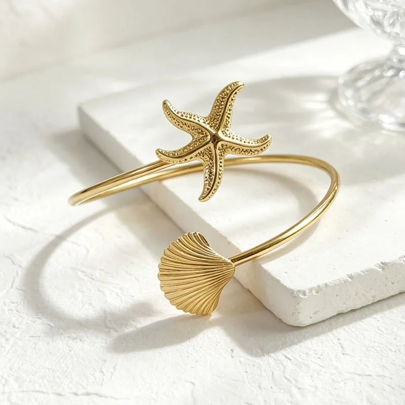 Ocean Style Upper Arm Cuff Bracelet for Women Starfish Spiral Design Gold Color Open Armlet