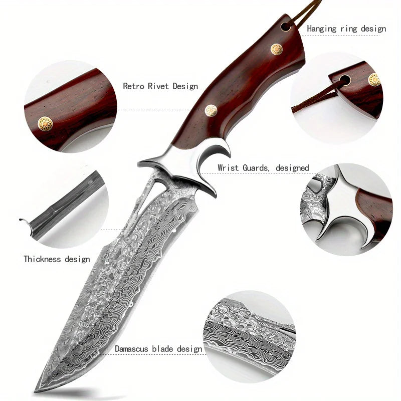 Damascus Fixed Blade Knife with Wooden Handle and Leather Scabbard - Easy Carry, Fast Cutting