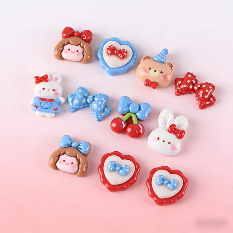 10Pcs Cute Red Blue Flower Heart Cherry Flatback Resin Cabochons for Jewelry Craft Scrapbooking