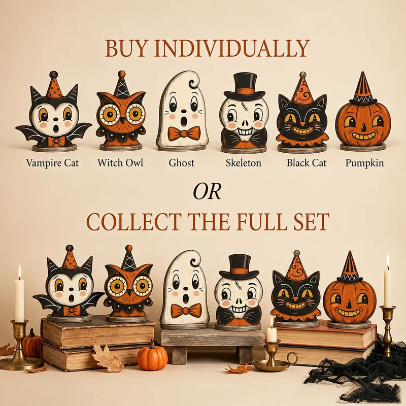 Halloween Wooden Tabletop Sign - Indoor Decor with Ghost Pumpkin Cat Skeleton Owl Housewarming Gift