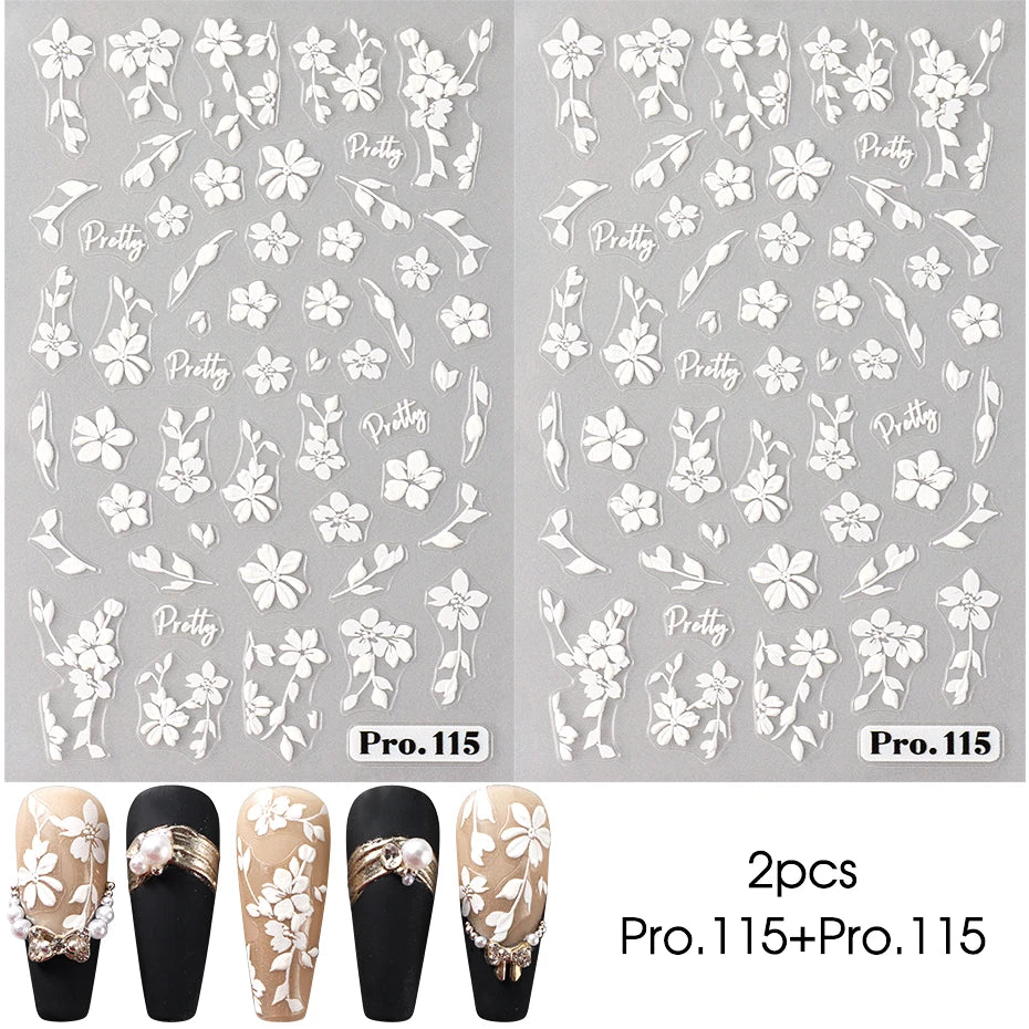 2pcs White 3D Flower Nail Art Stickers Sakura Blooming Floral Self-Adhesive Decor