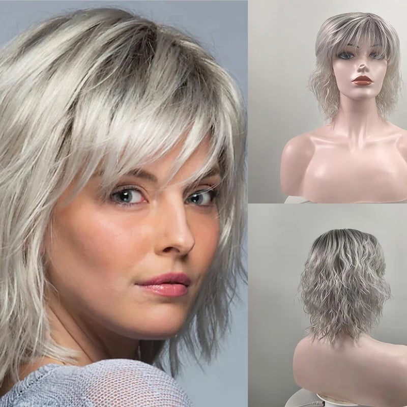 Grey Synthetic Wig for Women Short Curly Hair Cosplay & Daily Wear