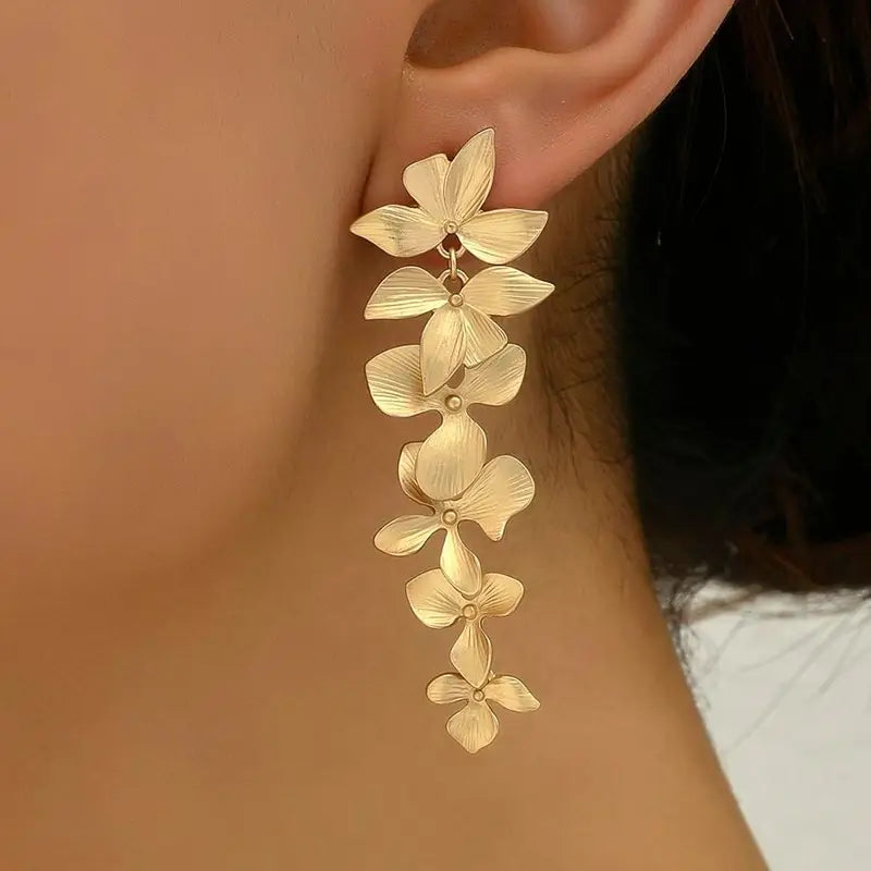 Gold Metal Leaf Flower Drop Earrings for Women - Vintage Dangle Jewelry Gift