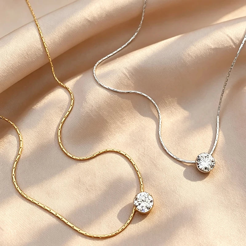 Minimalist Zircon CZ Charm Necklace - Stainless Steel Clavicle Chain Jewelry
