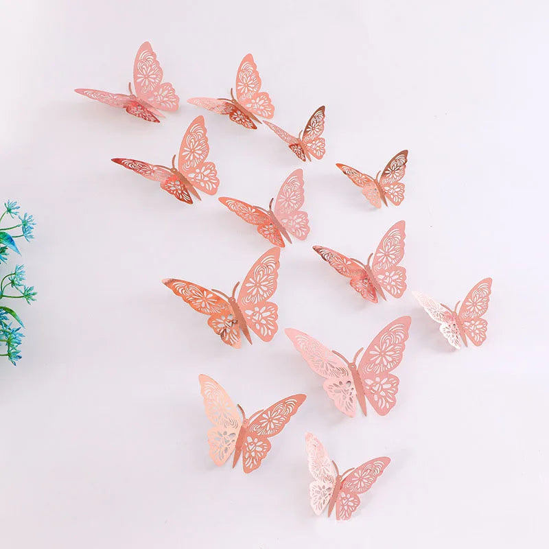 12-Piece 3D Hollow Butterfly Wall Stickers for DIY Home Decor, Party Gifts