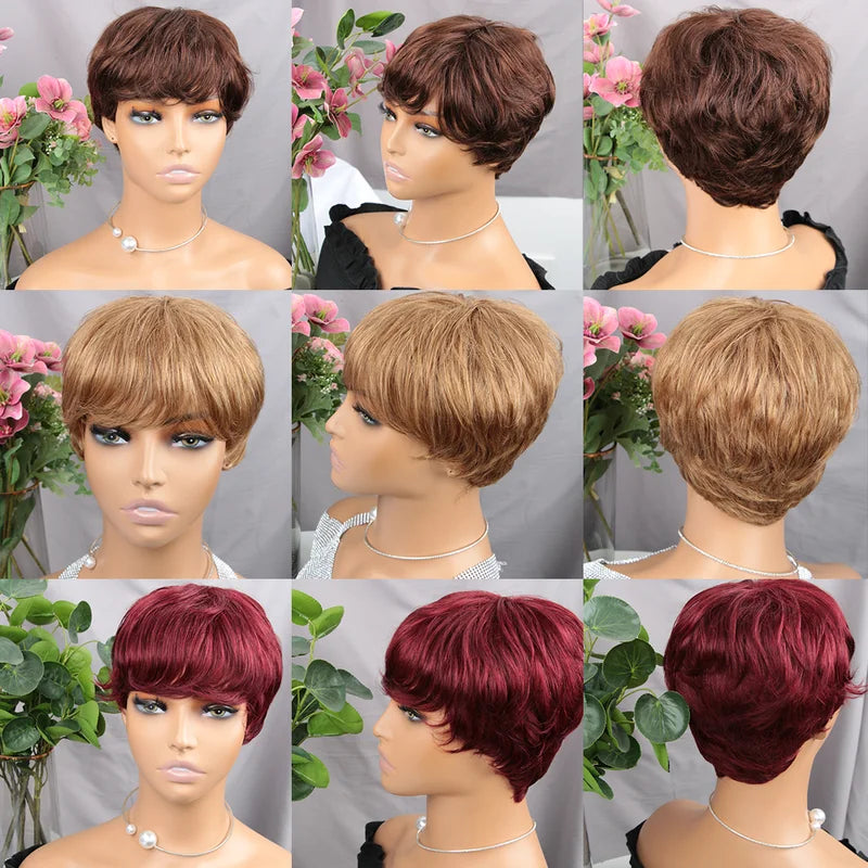 Brown Short Pixie Wig Human Hair for Black Women with Bangs - Brazilian Style