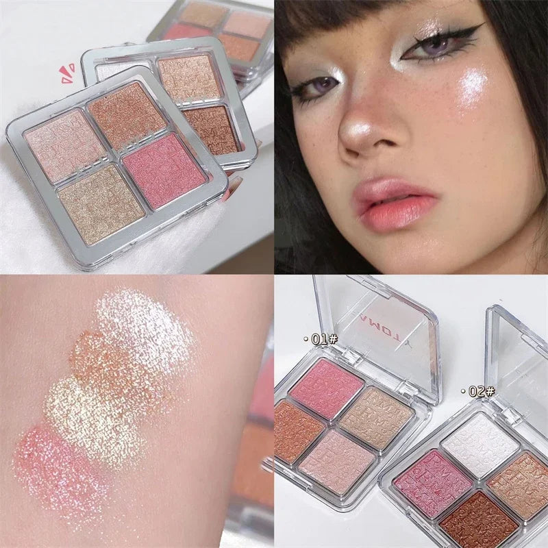 4-Color Face Highlighter Palette with Glitter & Shimmer - Long-Lasting Makeup