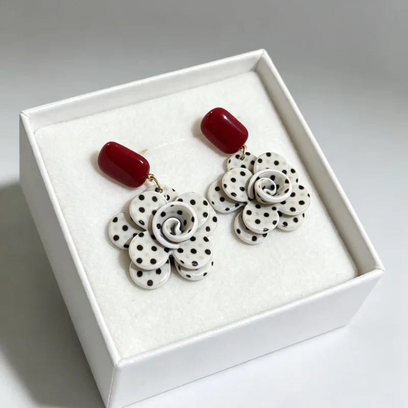 Vintage Elegant Polka Dot Flower Pendant Earrings for Women - Jewelry Gift