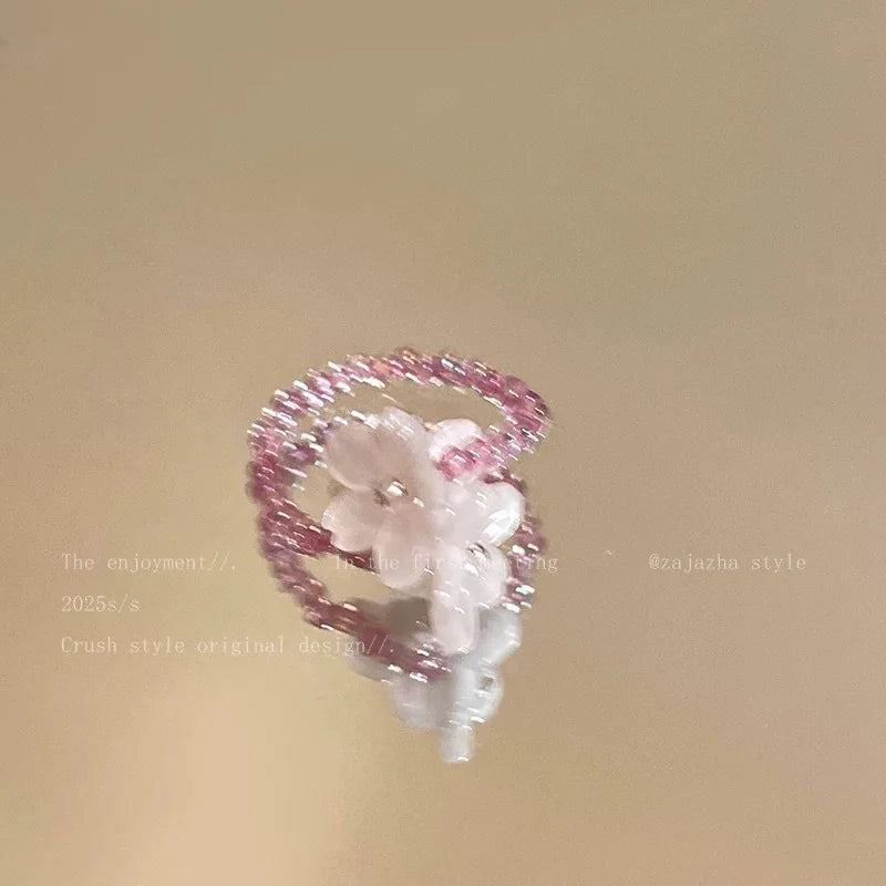 Romantic Beaded Flower Ring for Women Summer Spring Gift Jewelry Accessories