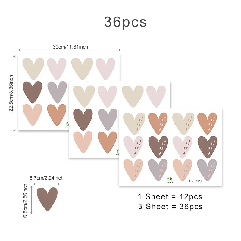 36-Pack Bohemian Heart Wall Stickers for Nursery & Kids Room Decor
