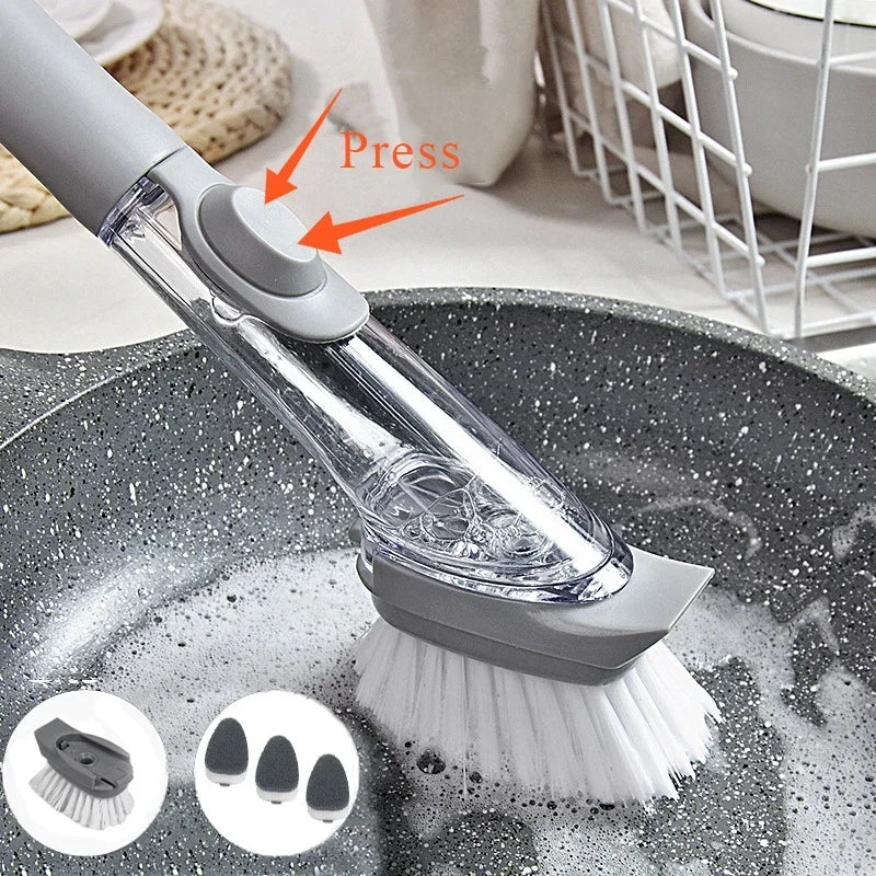 2-in-1 Kitchen Cleaning Brush with Removable Sponge & Soap Dispenser - Long Handle, Scraper