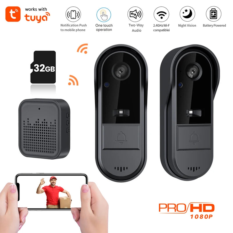 Wireless Video Doorbell HD 1080P with MicroSD/Cloud Storage Waterproof Battery