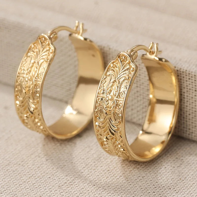 Vintage Gold Hoop Earrings for Women - Hand Carving Pattern Party Daily Wear