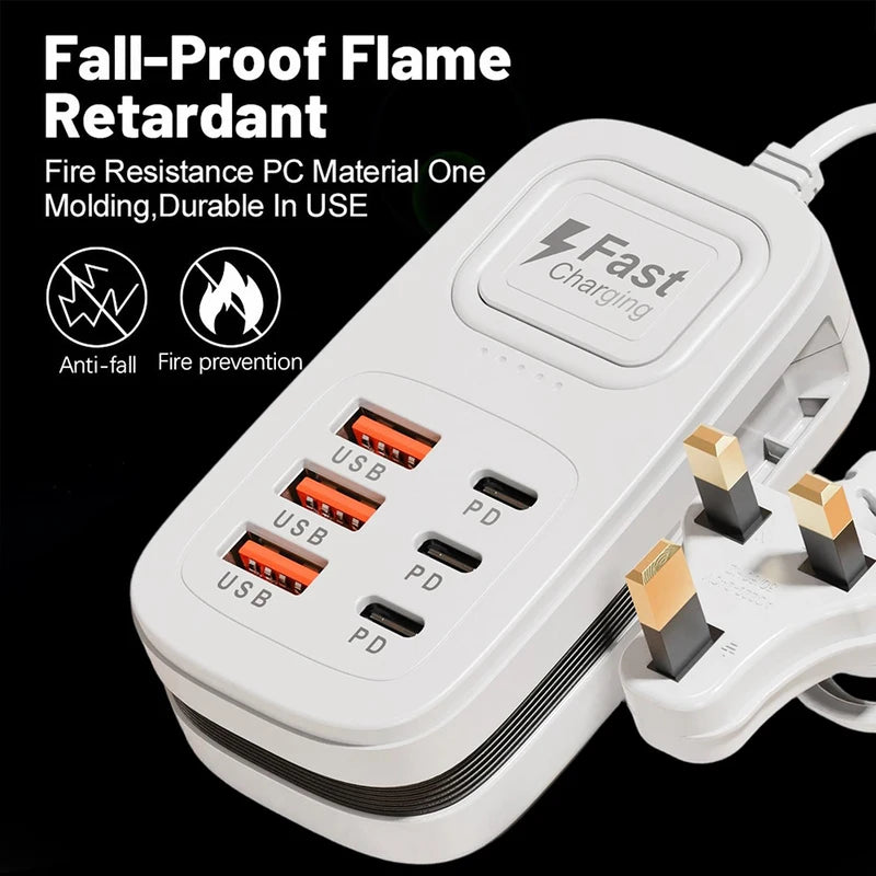 6 Port USB Fast Charger Power Strip with EU UK US Plugs for Phone Tablet Desktop Station