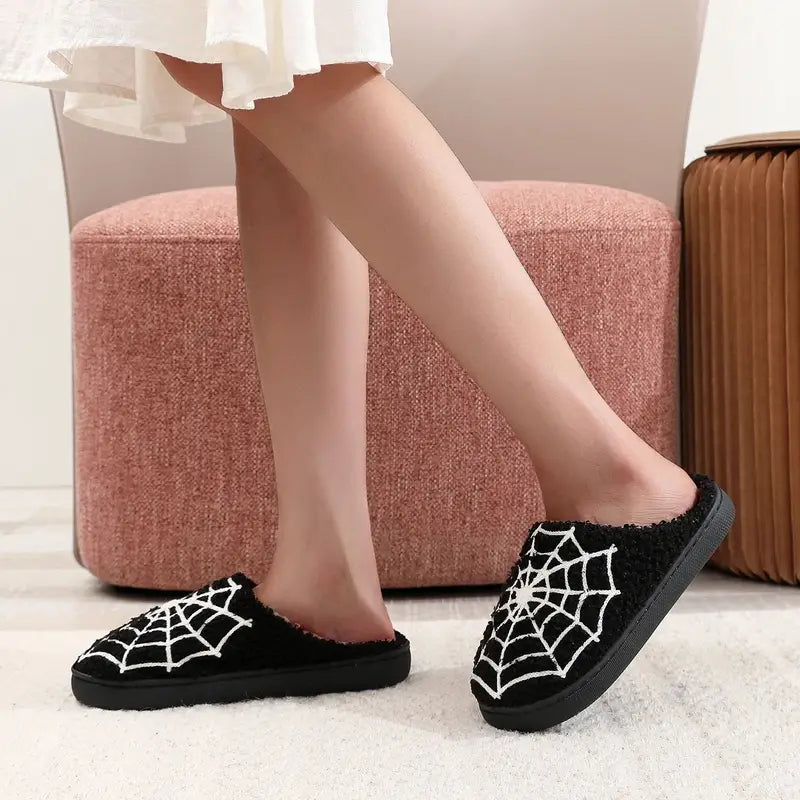 Halloween Spider Web Pattern Plush Woolen Cotton Indoor Slippers - Non-Slip Comfortable Shoes for Men & Women