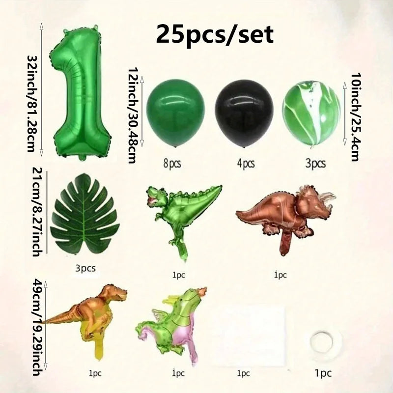 25Pcs 32 Inch Green Dinosaur Foil Balloons for Birthday Party Decorations