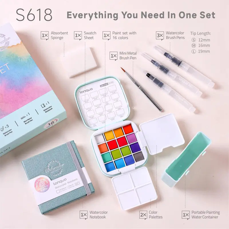 16-Color Portable Watercolor Paint Set with Travel Brush & Palette
