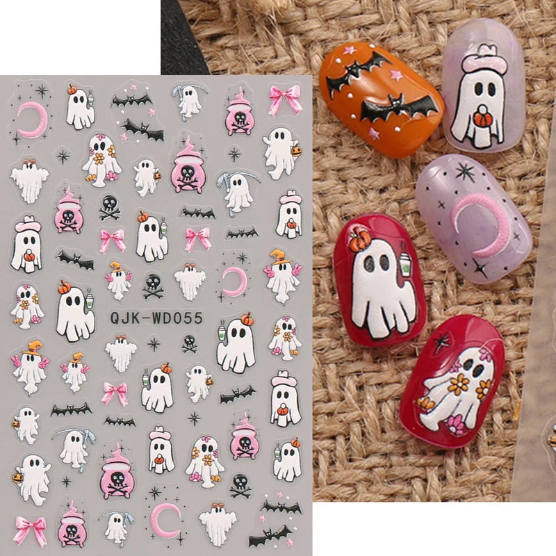 Halloween 3D Nail Art Stickers Ghost Pumpkin Spider Web Bat Manicure Decals