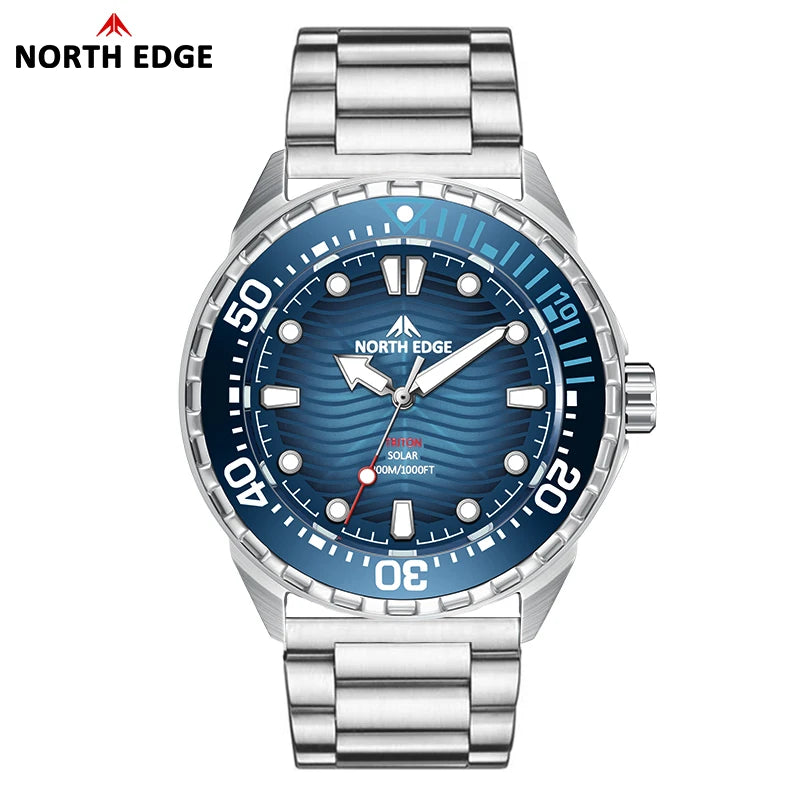Men's Solar Powered Dive Watch 300M Waterproof Quartz with Stainless Steel Case