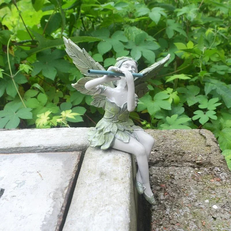 Fairy Garden Statue Playing Flute Resin Outdoor Lawn Decor - Hand Painted