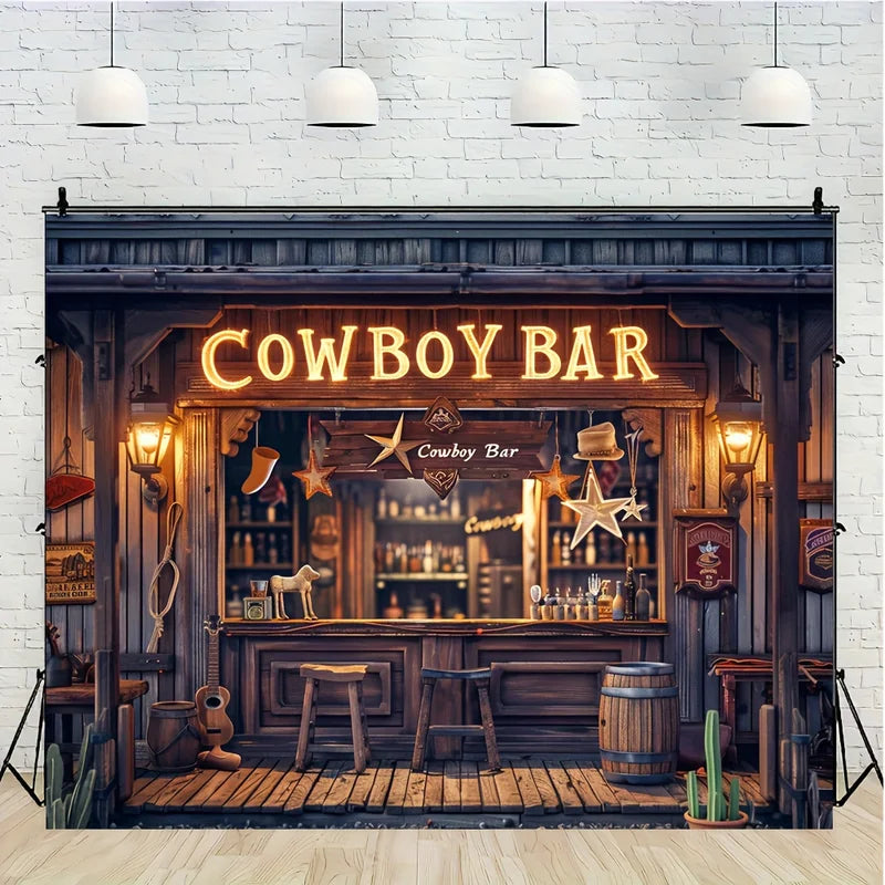 Retro Western Bar Background Banner - Homer Themed Party Decor with Wooden Bar, Wheel Bucket & Stool