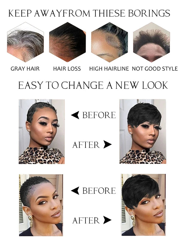 Human Hair Wigs Short Pixie Cut with Bangs for Black Women - Machine Made Natural Look