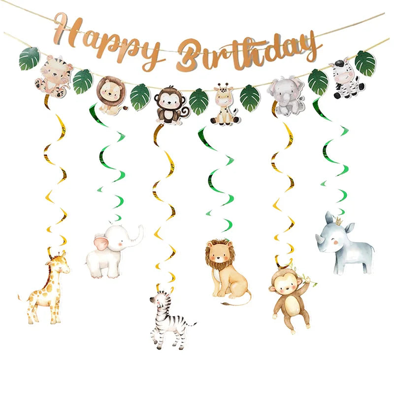 Jungle Party Banner Garland with Hanging Swirls Jungle Animals Safari Decor