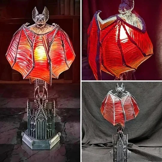 Gothic Bat Lamp with Red Glow - Decorative Wings of Night Halloween Resin Table Light