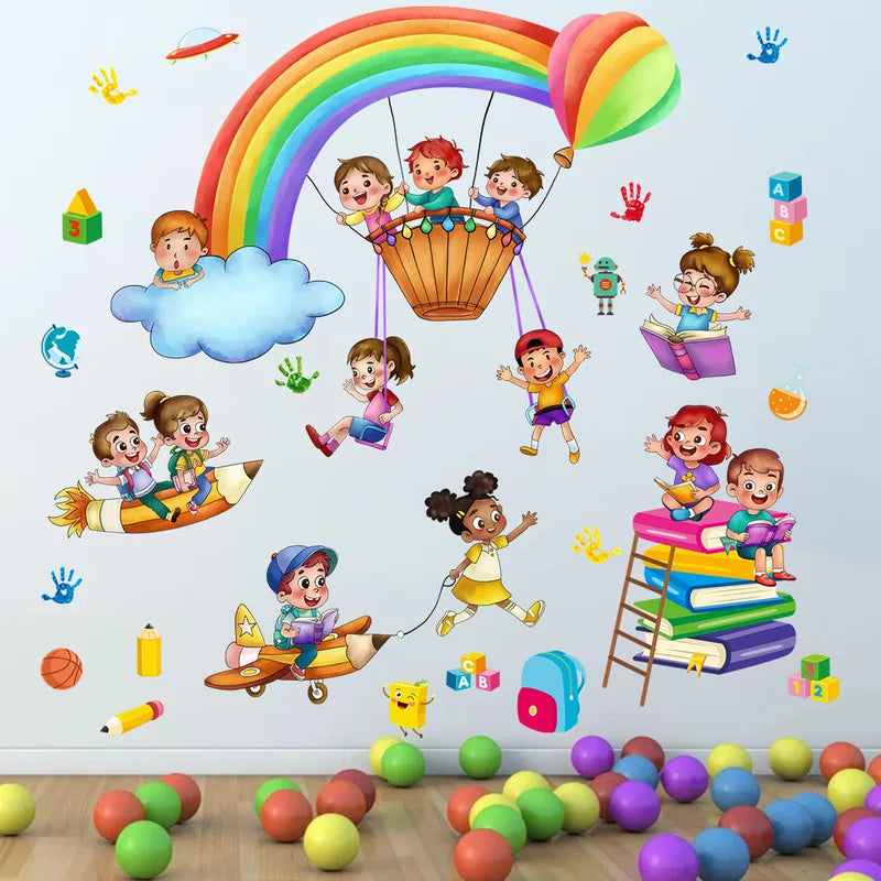 Rainbow Hot Air Balloon Wall Stickers for Baby & Kids Rooms - Amusement Park Theme