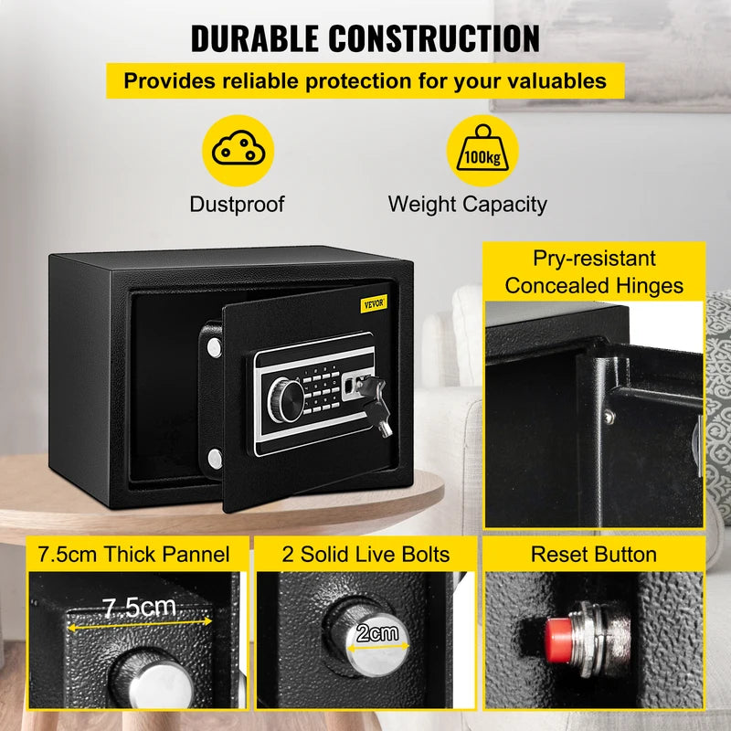 Fingerprint Safe Deposit Box 0.8/2.1 Cu Ft Wall-Mounted Security Safe