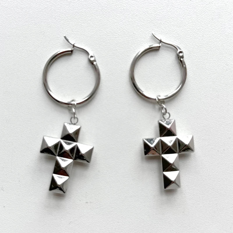 Stainless Steel Punk Cross Earrings for Women - 3D Rivet Gothic Jewelry