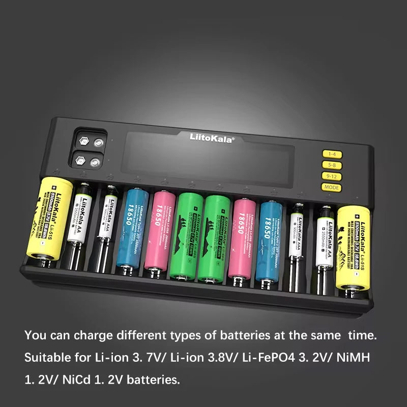 Universal 14-Slot Smart Battery Charger for Li-ion, Ni-MH, LiFePO4, 9V Batteries