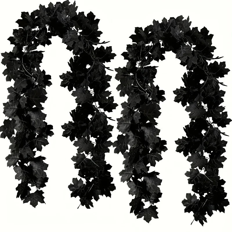 Black Maple Leaf Garland - Gothic Vampire Bat Hanging Vine Decor for Halloween & Thanksgiving