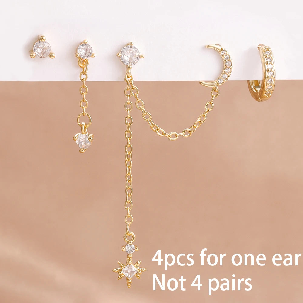 4PCS Women's Earrings Set Stainless Steel Cubic Zirconia Moon Star Jewelry - Punk Unisex Piercing